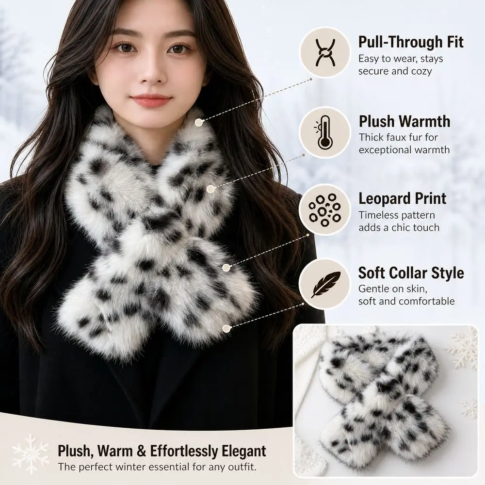 New Leopard Print Neck Scarf Thickened Crossover Pull Through Scarf Faux Fur Soft and Fluffy Winter Neck Warmer Women