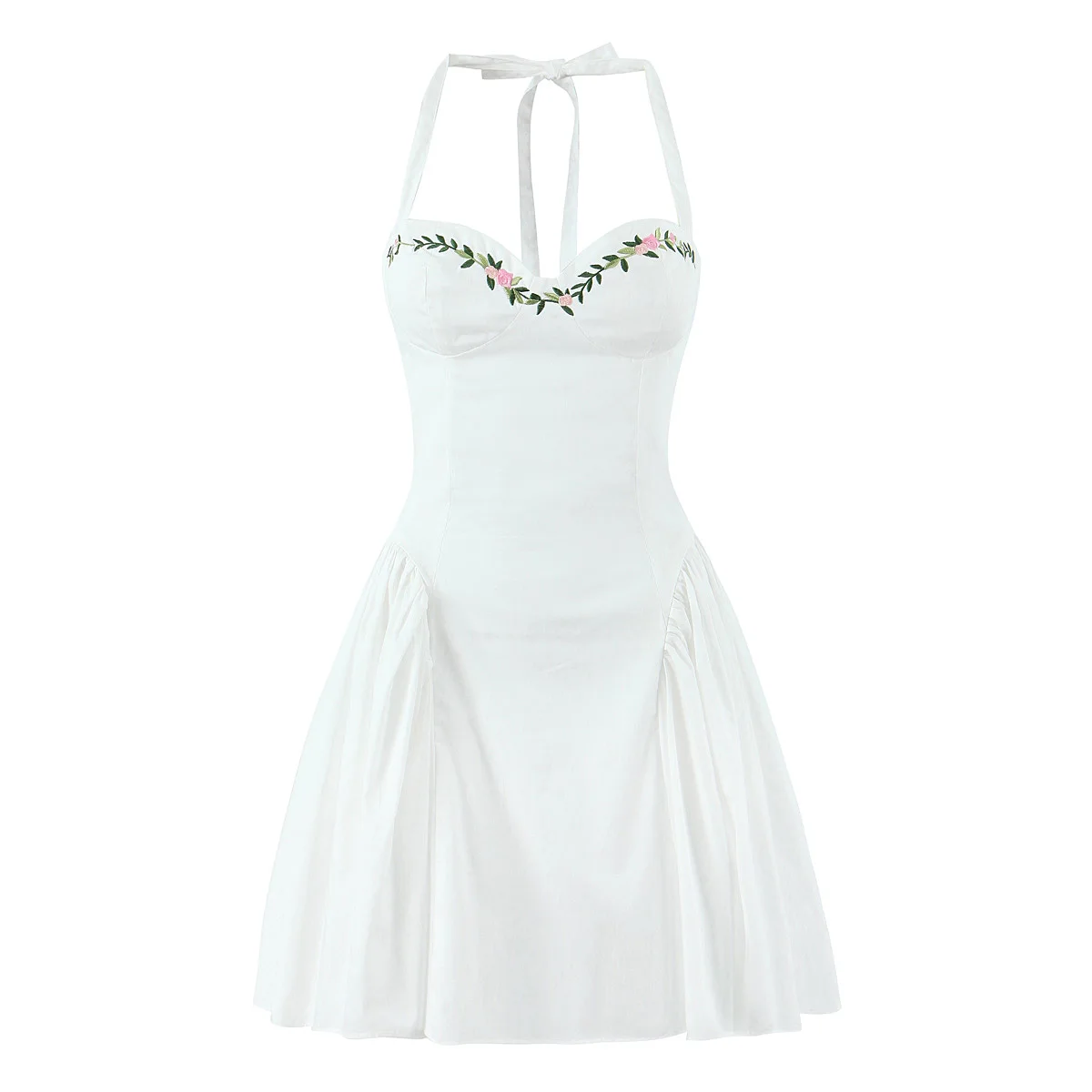 Sexy White Deep V Chest Embroidery Flower Corset Style Bow Halter Sling Dress Women Backless Low Waist Mini Ball Gown Swing Robe