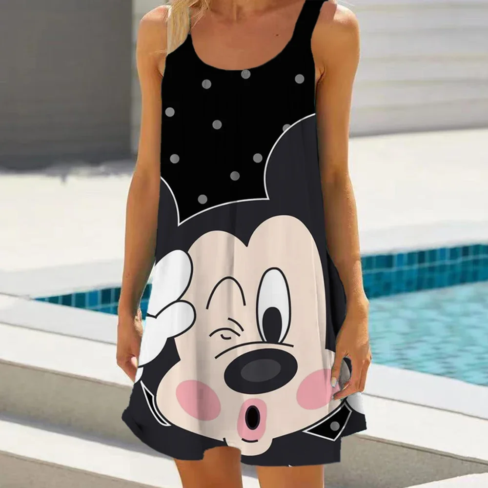 Disney Minnie Mickey Mouse Women Dresses 3D Dye Print Fashion Sleeveless Summer Halter Casual Sexy Dress Loose Kawaii Dress