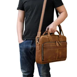 Aktentasche Herren Crazy Horse Aktentaschen Pendler Kopfmantel Rindsleder 14-Zoll-Computerhandtasche Businesstasche Echtes Leder Herrentasche