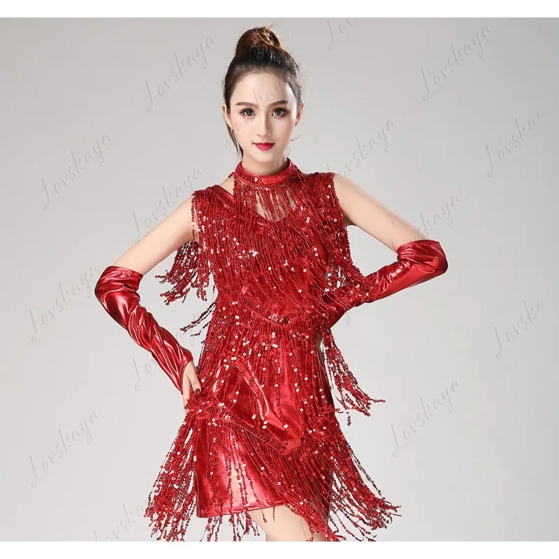 

Латинское платье с блестками и кисточками для взрослых и женщин, сценический бальный костюм с блестками