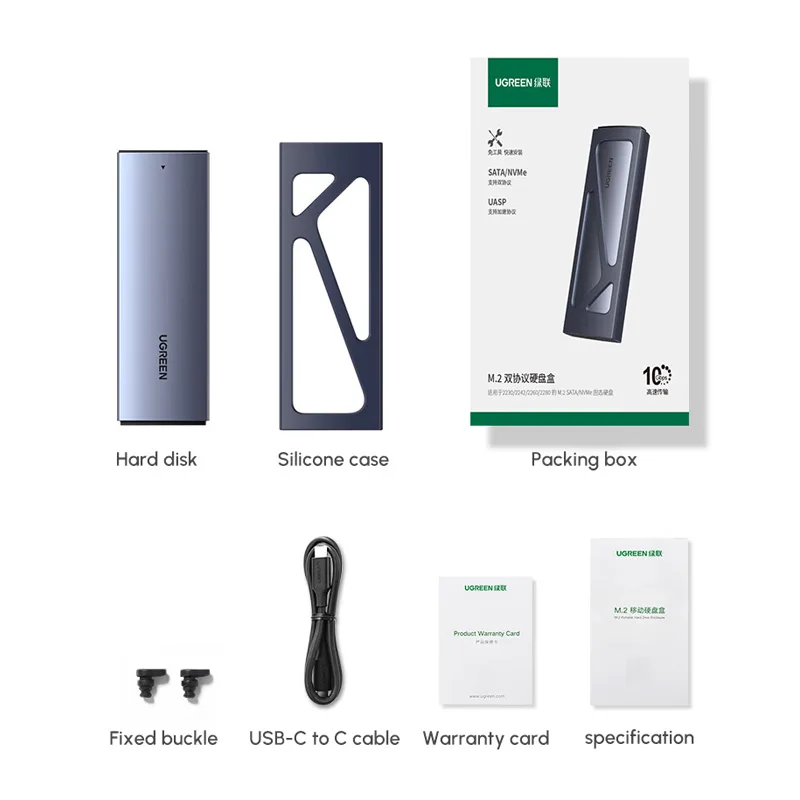 UGREEN 10Gbps M.2 NVMe Caja de disco duro de protocolo dual Caja de aluminio M.2 compatible con M.2 NVMe/SATA SSD