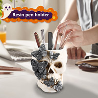 Halloween Skull Pen Cup Resin Pencil Cup Desk Pen Organizers Box Makeup Brush Organizers for Halloween Home Organization