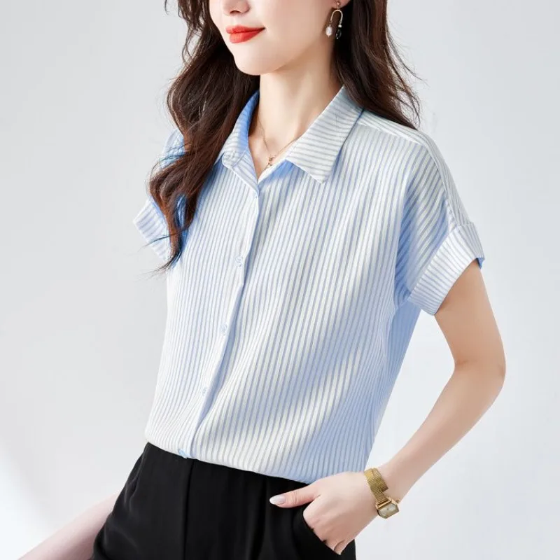 XEJ Striped Chiffon Shirt for Women Elegant Women\'s Short Sleeve Blouse Korean Style Women Clothing Tunic Woman Summer 2024