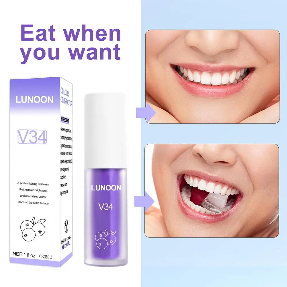 V34 30ml SMILEKIT pasta de dientes blanqueadora púrpura elimina las manchas Reduce el cuidado del amarillento para las encías de los dientes brillo del aliento fresco T S8S4