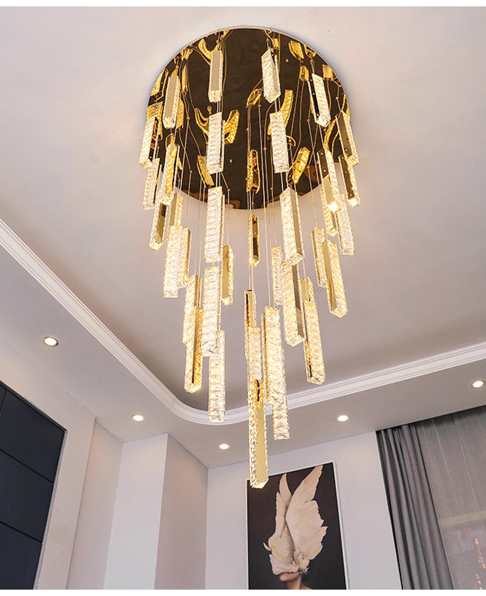 Modern Luxury Crystal LED Large Chandeliers For Living Room Nordic Duplex Spiral Staircase Hanging Lamps Home Indoor Loft Lights