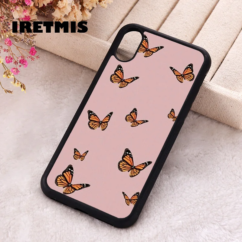 Iretmis Phone Cover Case For iPhone X XS Max XR 11 12 13 PRO MINI 14 15 16 Plus Rubber Silicone Pink Butterfly Pattern