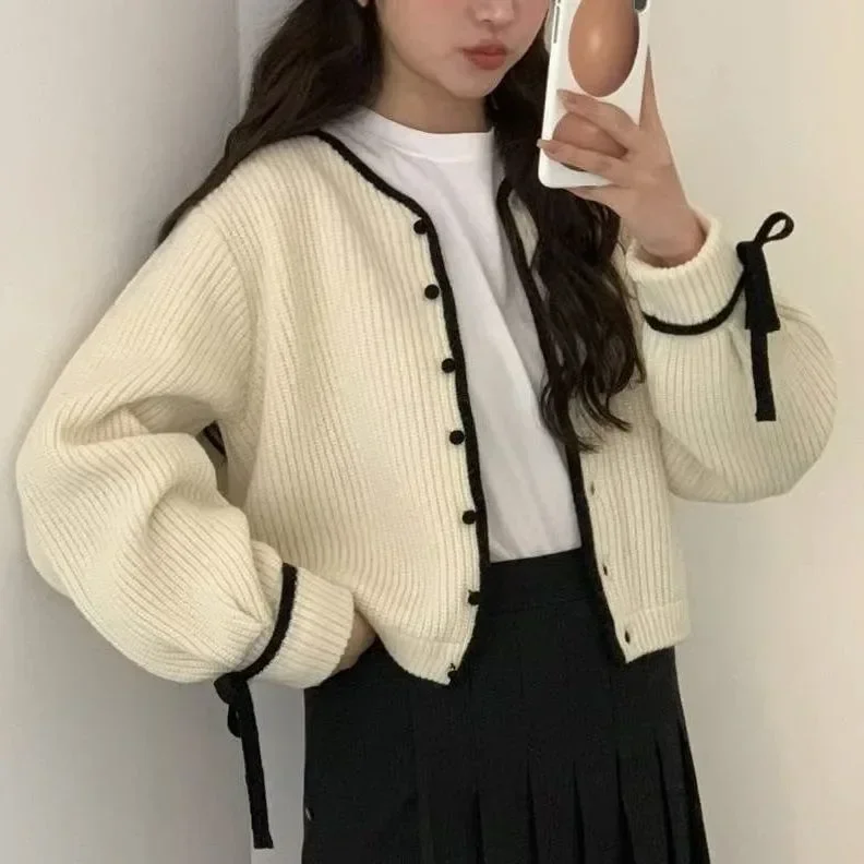 Cute Cardigan Bow Y2k Kintted Sweater Women Coffe V-Neck Crochet Fur Top E-girl Pullovers Spring Autumn Winter Sueter Jumpers