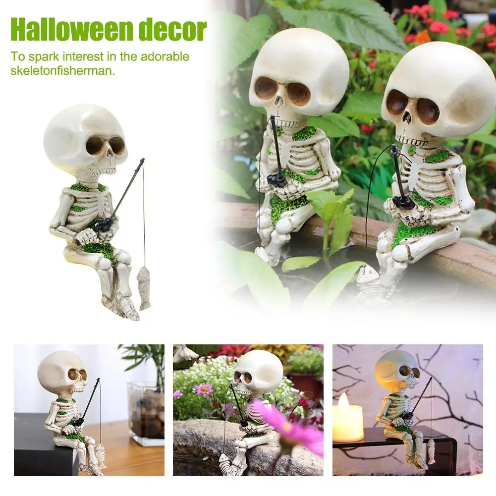 Halloween Miniature Fishing Skeleton Resin Sitting Figurine Decoration Garden Ghost Horror Yard Head Halloween Atmosphere P C9B2