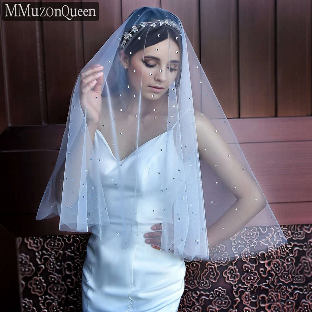 MMQ M40 Silver Diamond Single Layer Cover Face Veils  Without Comb Veils For Bridal White elegant brides headdresses