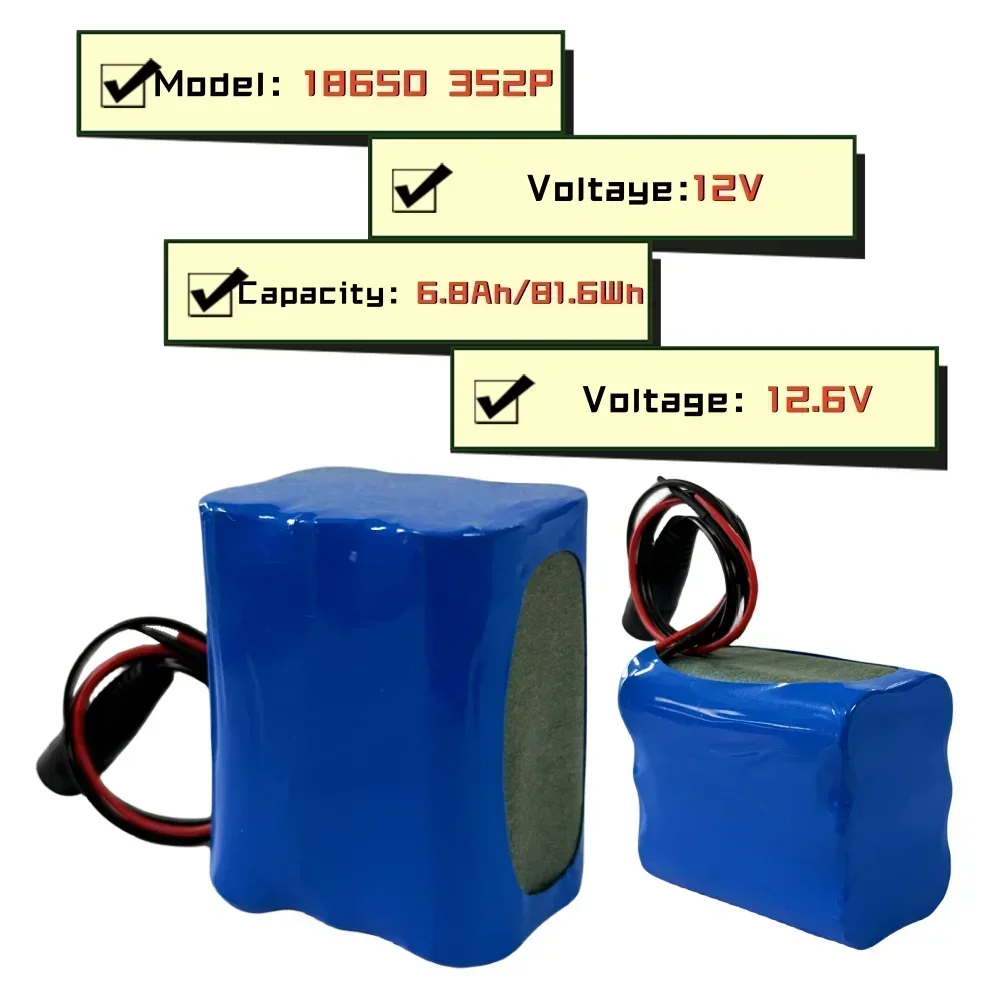 12V 6800mAh 18650 Rechargeable 3S2P Battery Pack  Suitable for Projector, Speaker, And Wireless Monitoring Battery Replacement