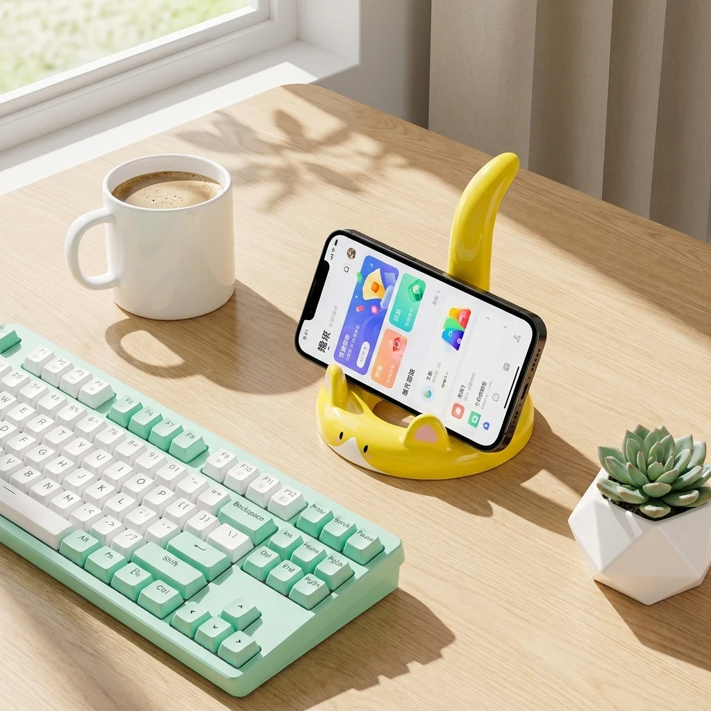 

Cartoon Cat Phone Stand Cute Cat Tail Desktop Holder Lazy Bracket for Phone Tablet Office Decor