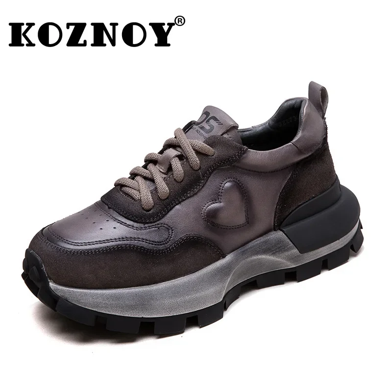 

Koznoy 3cm Genuine Leather Women Booties Fashion Chunky Sneaker Comfy Autumn Vulcanize Ankle Boots Fall Spring Flats Shoes