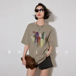 LOUIS YAO Women T-shirt 2024 Summer New Round Neck Short Sleeve Loose Fit Casual Drop Shoulder Sleeve Print Fashionable Chic Top