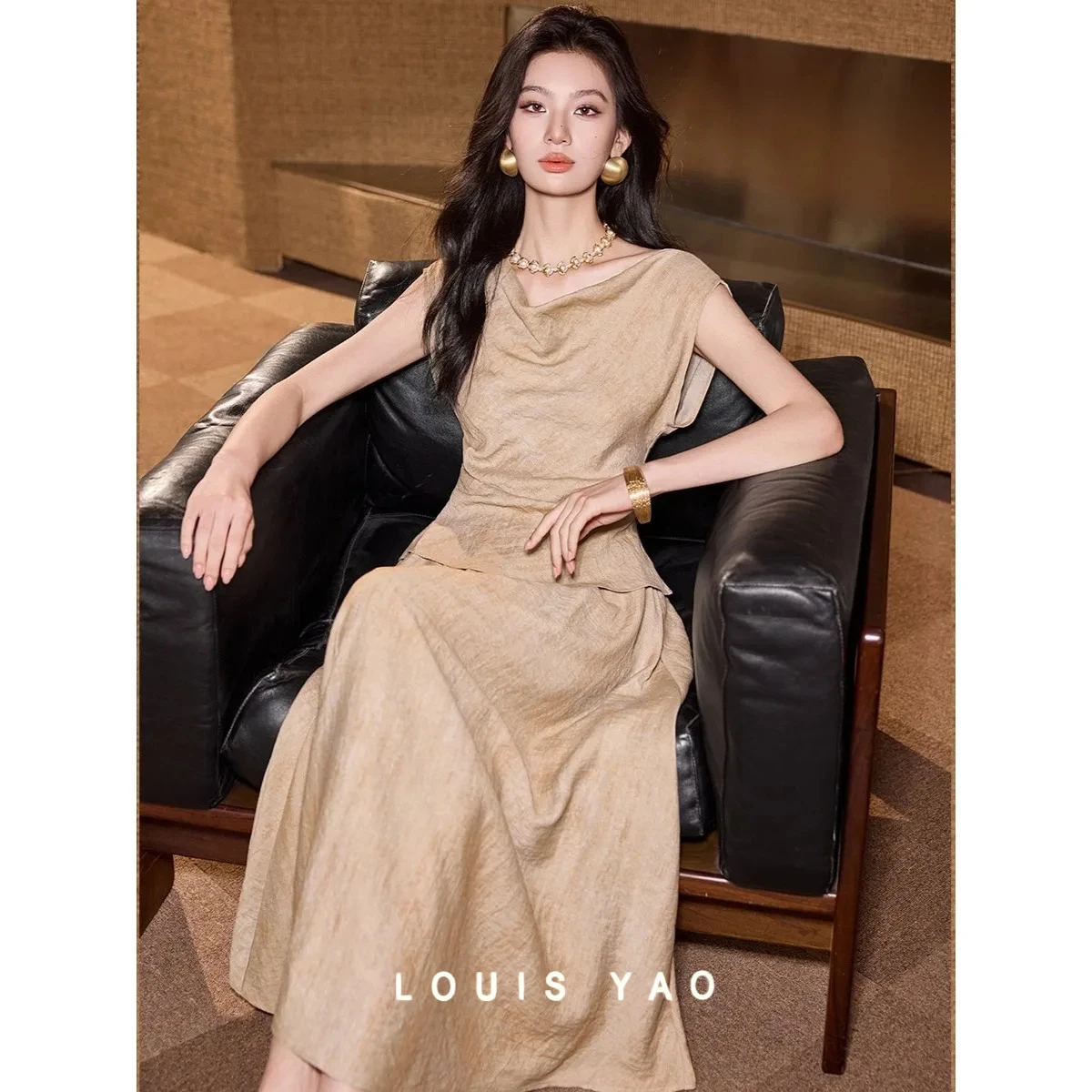 

Summer Elegant Two Piece Skirt Set Luxury Linen Women's Set Irregular One Piece Collar women Top and Double Pocket Half Skirt