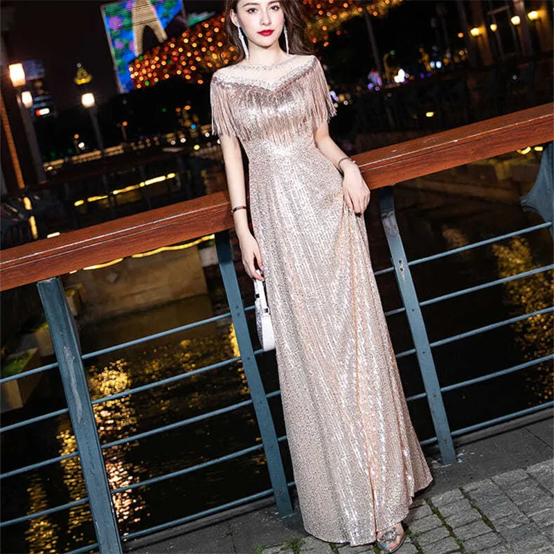 Temperament Dress for Women's Clothing Solid Color Sequin Fringe V-neck Sleeveless Long A-line Dress Elegant Evening Gown M376