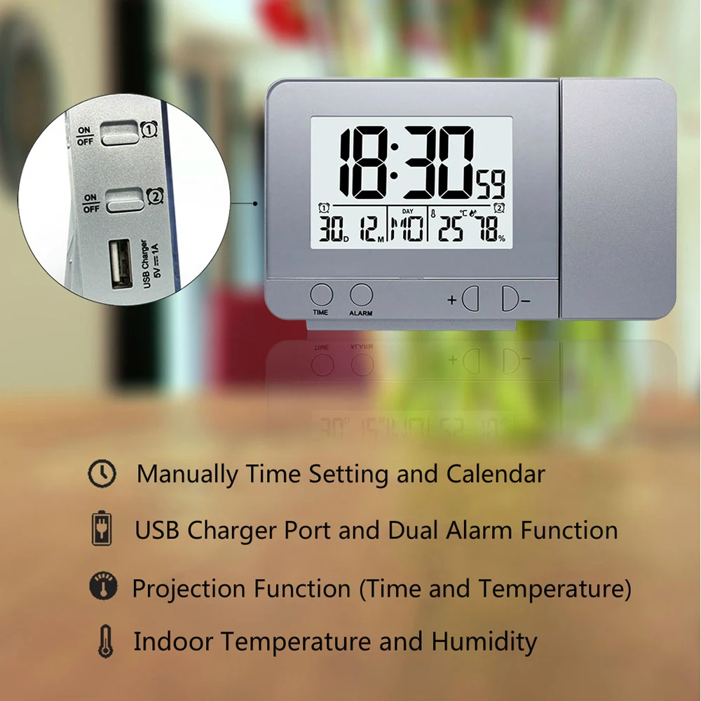 Projection Digital Temperature Humidity Clock Electronic LCD Thermometer Hygrometer Alarm Projector Time Watch USB Tool Home