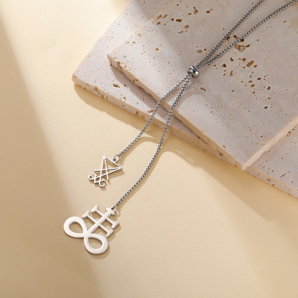 Dawapara Luzifer Siegel und Leviathan-Kreuz, lange Halskette, Gothic-Pullover-Kette, religiöser Schmuck, Edelstahl-Halsketten – Detail 13