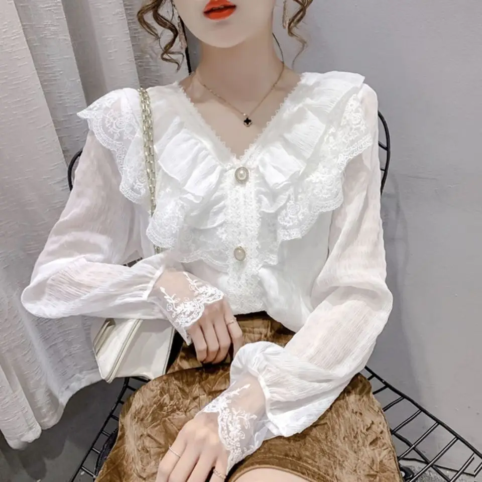 2024 Spring Autumn New Korean Edition Hollow Out Elegant Shirt for Women Long Sleeved V-neck Lace Ruffle Edge Chiffon Top