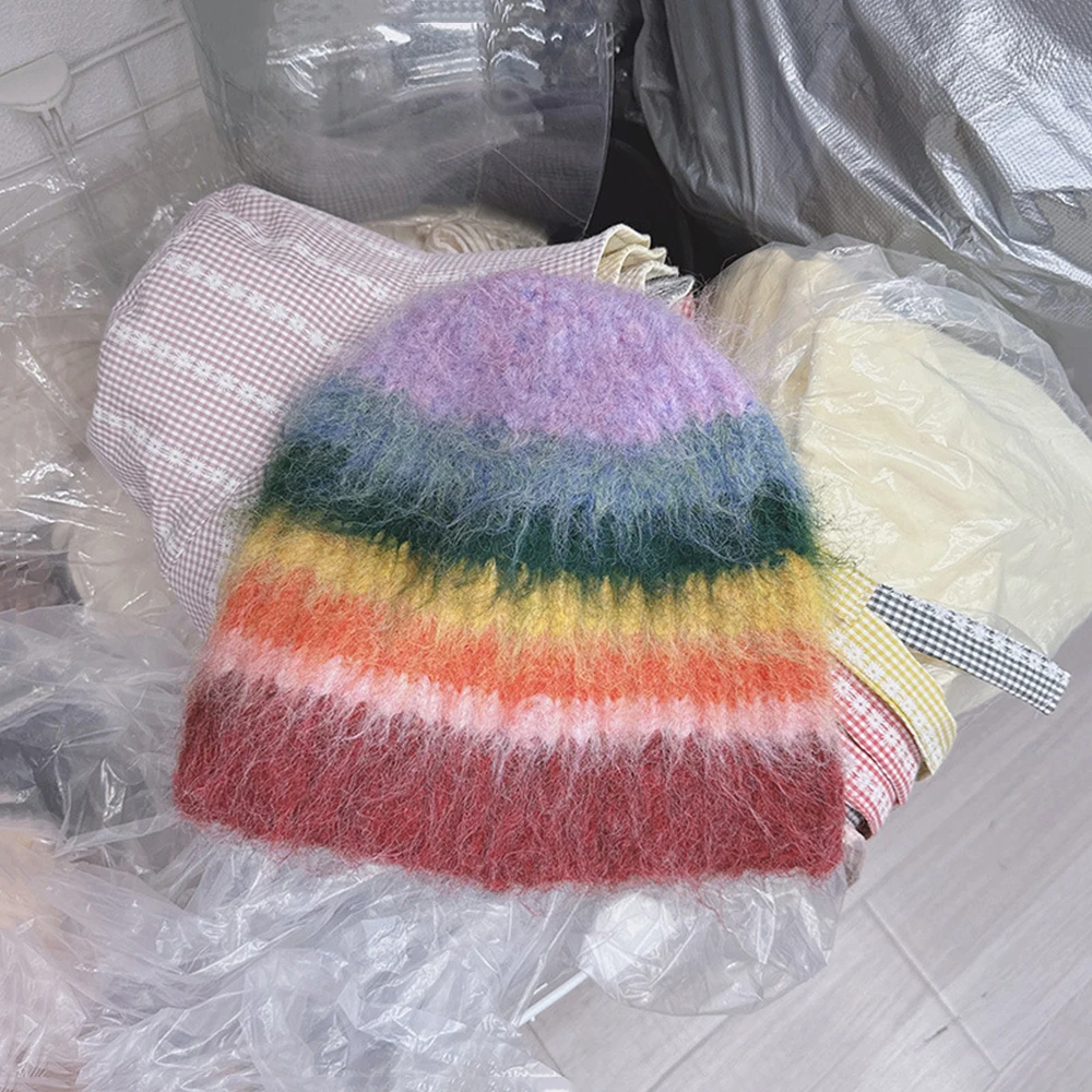 Korean Colorful Plush Bucket Hat Ins Dopamine Women Autumn Winter Contrast Striped Wool Beanies Hat Female Warm Fisherman Hat