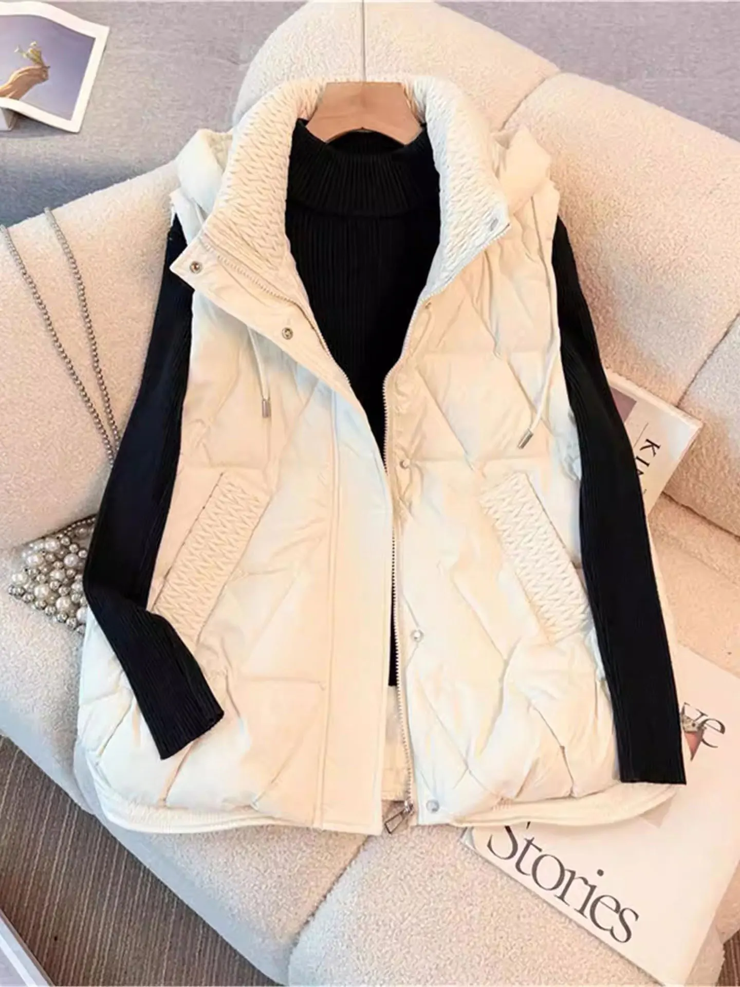 

plus Size Women's Unique Stand Collar Jaet Loose Fit Cotton Vest Outerwear Korean Sle Long Sve Regular Thin
