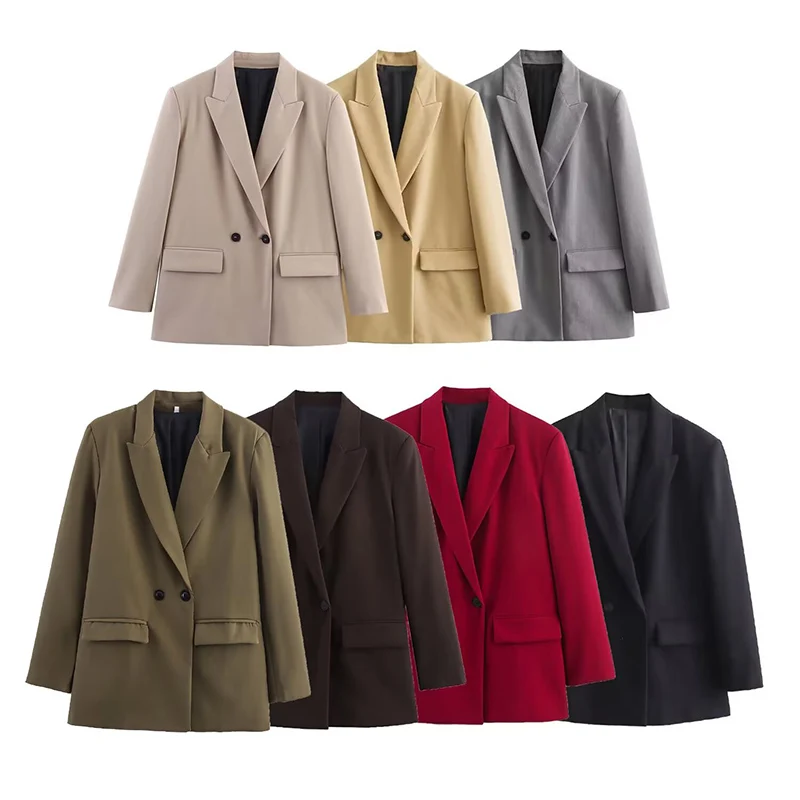 

All Season Turn-down Collar Long Sleeve Double Breasted Suit Jacket Women Fashionable Silhouette Tops Female Casual Outerwear