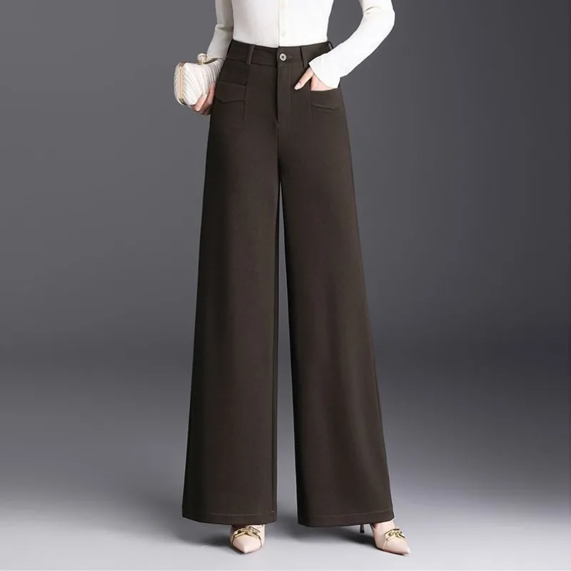 

Новые женские шерстяные широкие брюки, осенне-зимние флисовые теплые прямые брюки, женские свободные повседневные прямые брюки с высокой талией