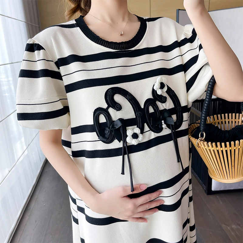 3D Patch Embroidery Striped Knitted Maternity Dress One Size Loose Straight Clothes for Pregnant Women Summer Fashion Pregnancy