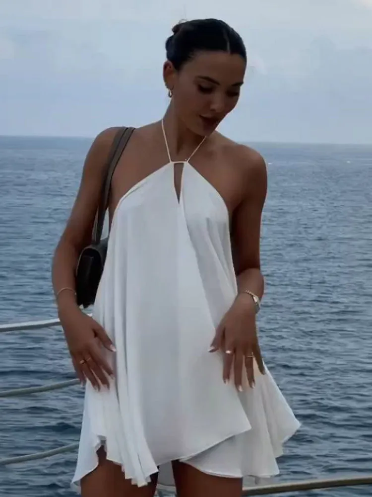 Mulheres sexy halter em camadas babados mini vestido moda fora do ombro sem costas uma linha vestidos primavera verão chique senhora vestidos curtos