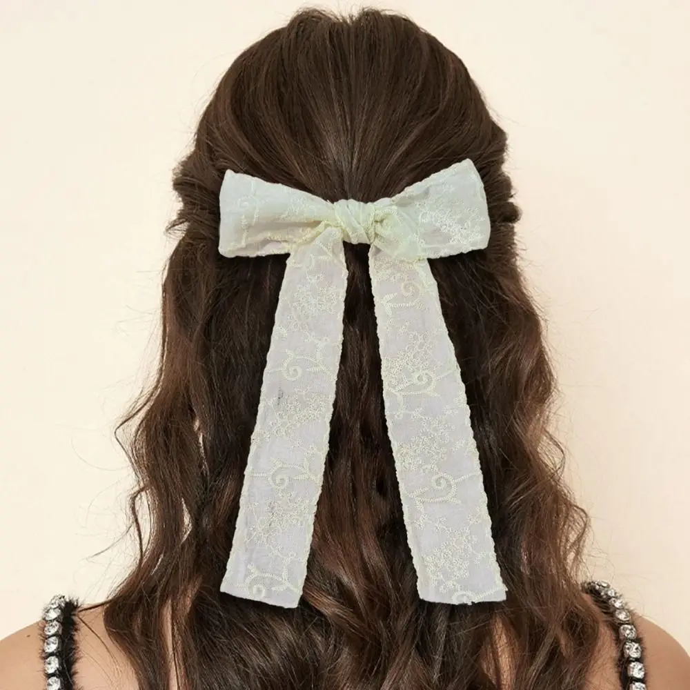 Lace-trimmed Bow Hair Clips Handmade Floral Embroidery Long Tail Lace Hair Clip Simple Versatile Bow Ribbon Hair Clip