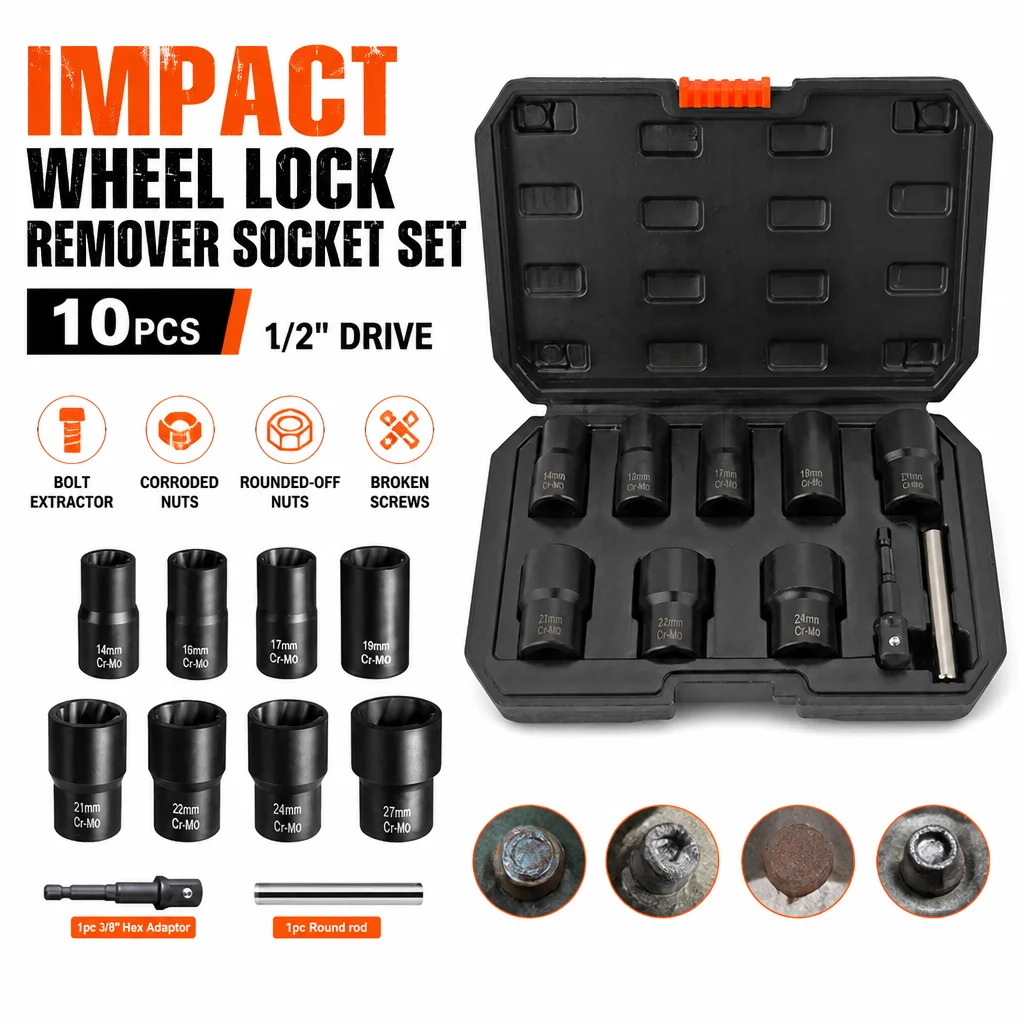 10Pcs Lug Nut Extractor Socket Kit, 1/2 Inch Drive Impact Tool for Stripped, Rusted, Rounded Bolts, Lug Nuts and Damaged Screws