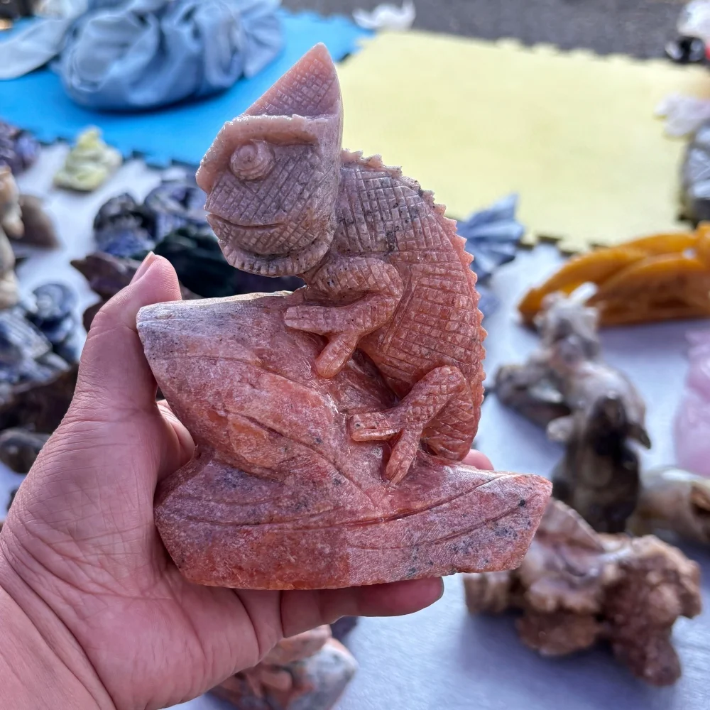 Natural Sunstone Quartz Animal Chameleon Hand Carved Crystal Lizard Sculpture Reiki Healing Stone Desktop Ornament
