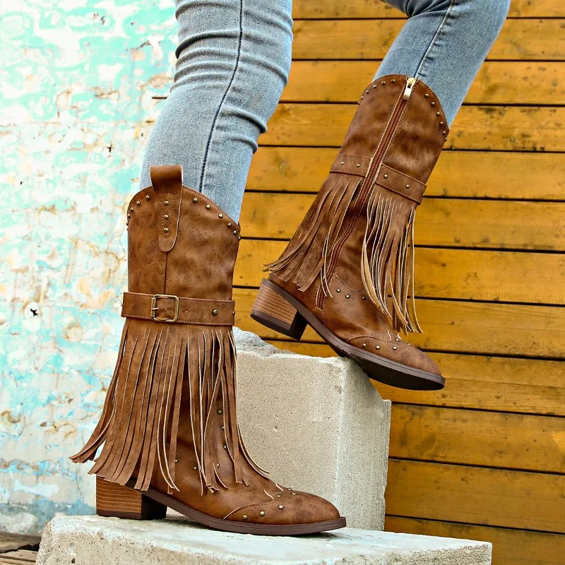 Women Vintage Ethnic Western Cowboy Boots Rivets  Block Heel Boot Tassel Fringe Booties Lady Winter Gladiator Shoes