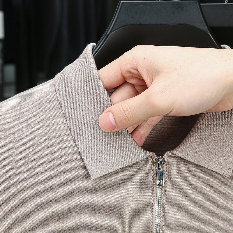 

Lyocell + Wool Jumper Men Spring Autumn Classic Zipper Knitwear Long Sleeve Silk Wool Knit t shirt Turn Down Collar Clothes
