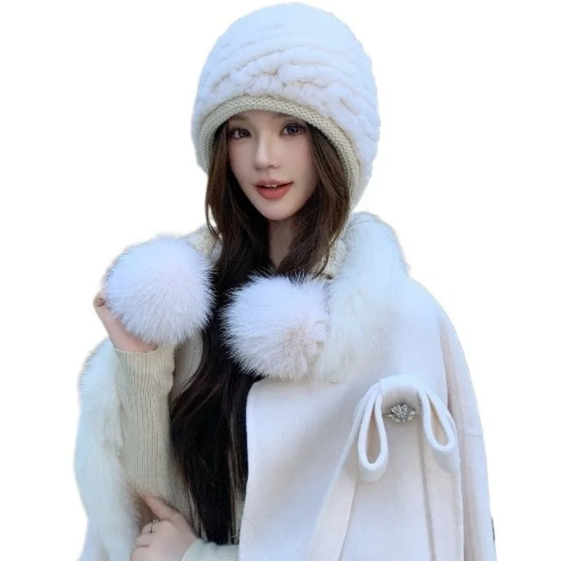 Autumn and winter new Rex rabbit hair hat fox hairball knitted hat women's warm fur ear protection Lei Feng hat versatile travel