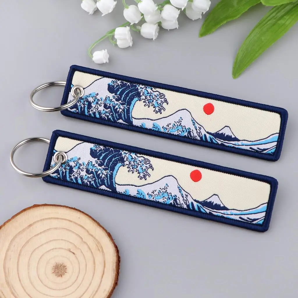 Japanese Waves Art Drawing Embroidery Key Fobs Backpack Key Tags Motorcycles Keychain Keyrings Cosplay Accessories Gift