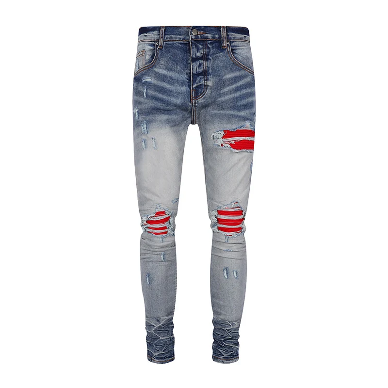 

Designer Fashion New Men's Retro Light Blue Jeans Elastic Tight Splicing Leather Red Patch Splicing Jeans Hip Hop Pants Hombre