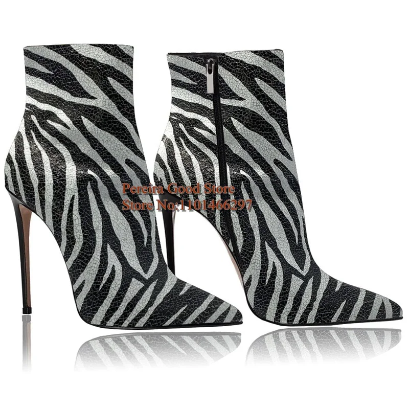 Zebra Striped Leather Stiletto Heel Ankle Boots Pointed Toe Black And White Zipper Fashion Modern Boots Plus Size 42 - view 6