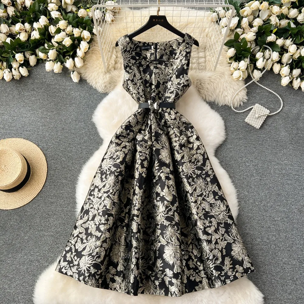 French Vintage Elegant Jacquard Dress  A-line Fashion Spring Summer Sleeveless Vestidos Women Belt Dresses