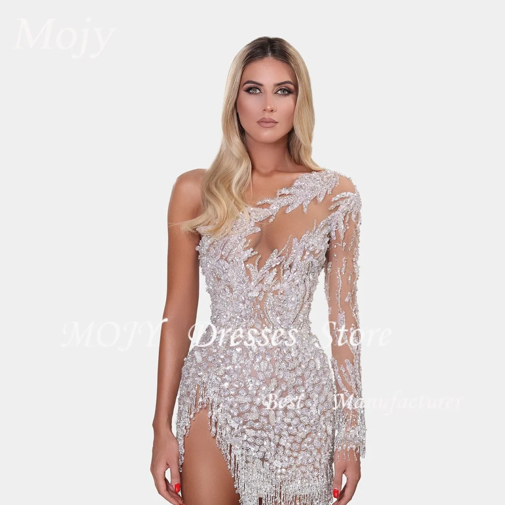 Mojy Вечернее платье с длинным рукавом и бисером на одно плечо, роскошное платье русалки для выпускного вечера с высоким воротником, элегантное коктейльное платье по индивидуальному заказу