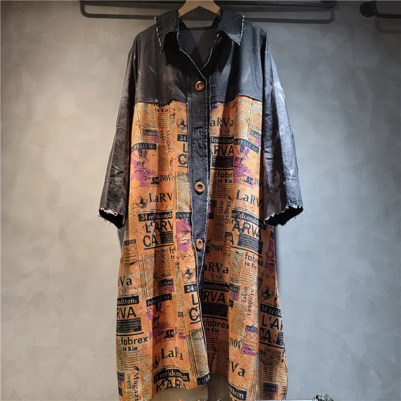 WTHT Vintage Fashion Women's Letter Print Patchwork Long Sleeves Jacket 2025 Winter Trendy Lapel Loose Coat Female 1LS2690