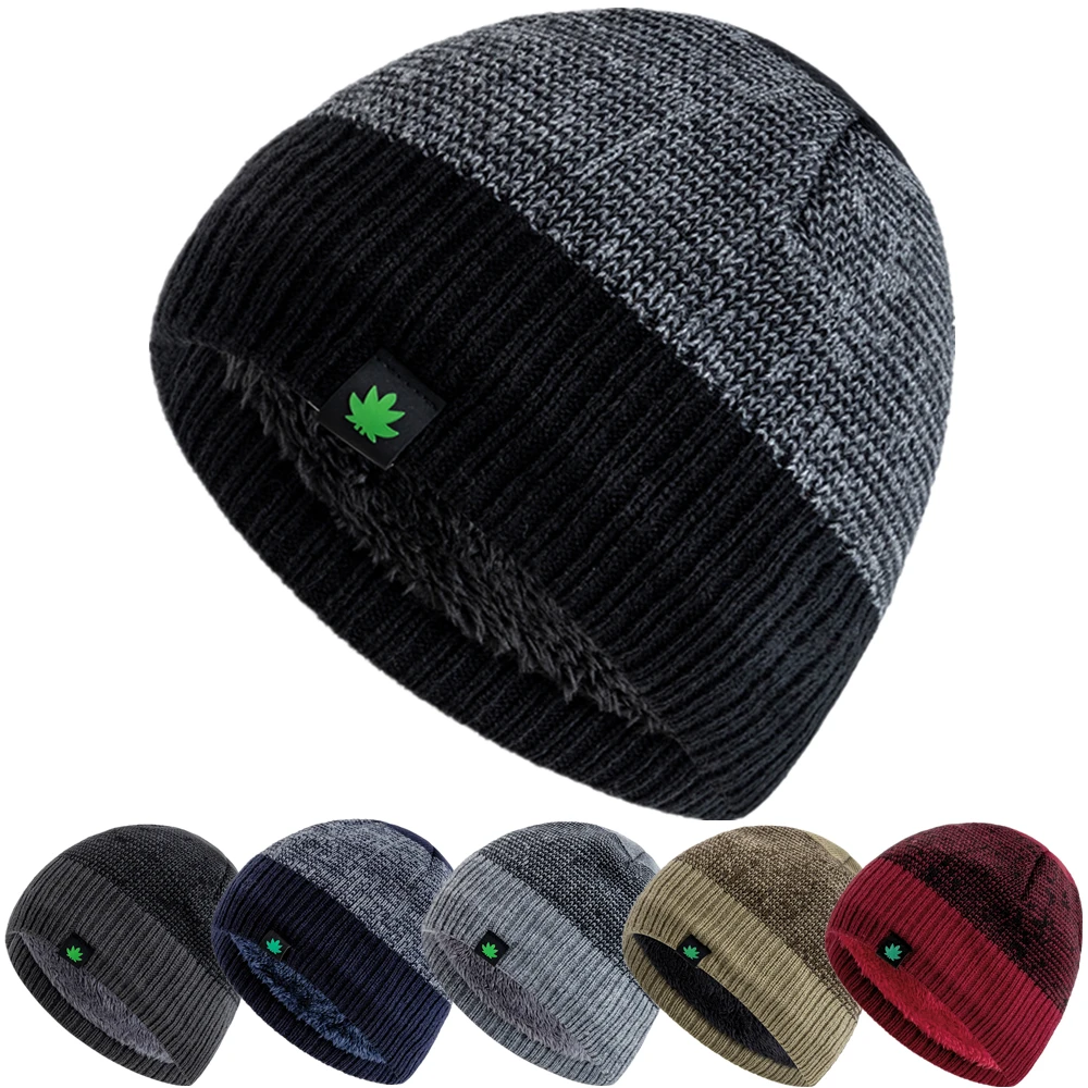 Neue Stil Unisex Blatt Labal Winter Hüte Mode Gestrickte Hüte Für Männer Frauen Beanie Cap Outdoor Plüsch Fell Gefüttert Warme Sport Hüte