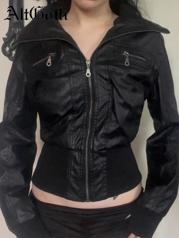 AltGoth Black Vintage PU Leather Jacket Women Streetwear