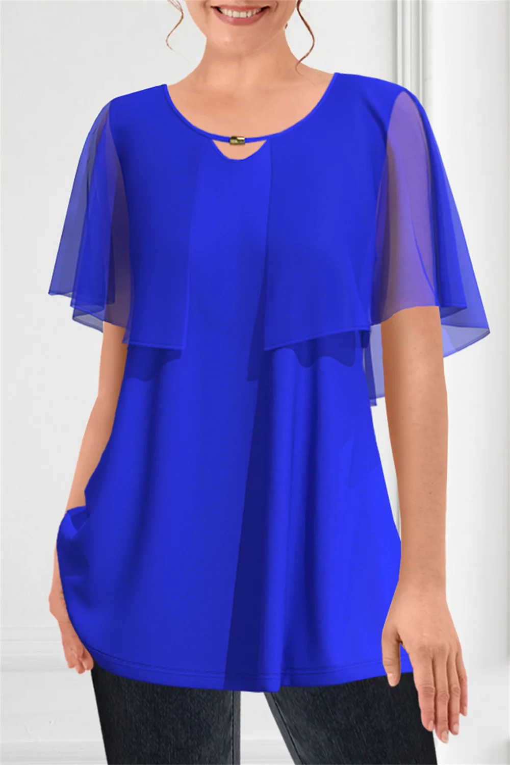 Women Plus Size Dressy T Shirt Royal Blue Chiffon Flutter Sleeve Double Layer Cut Out Fake Two Pieces Pleated A-Line Summer Top