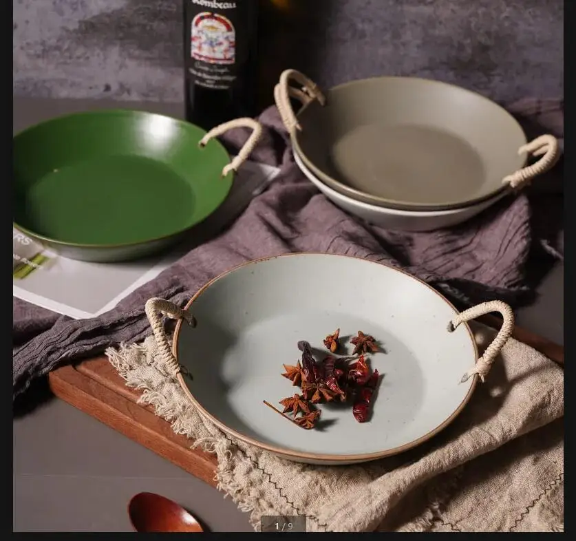 Braided Rope Handle Ceramic Plate Round Dinner Binaural Bowl Soup Fruit Salad Noodle Bowls Decorative Plates