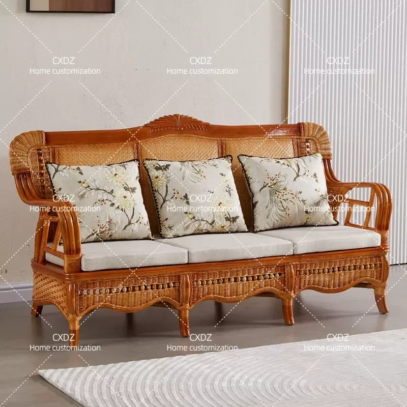 Natural Rattan Sofa Set 5 Piece Living Room Furniture Solid Wood Frame Bamboo Wicker Couch 3 Seater Armchair Combo for Small