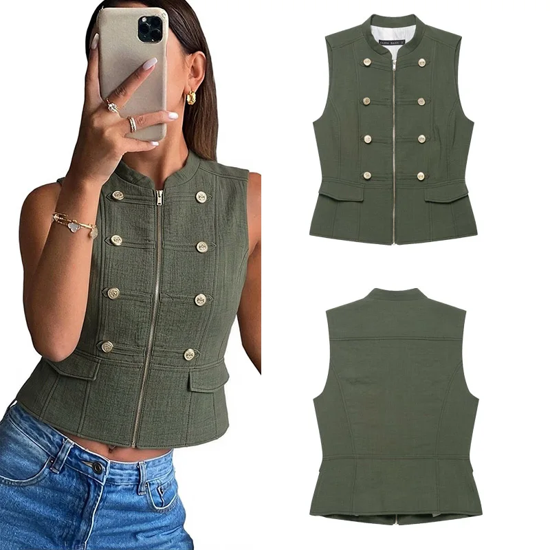 Summer Women's Sleeveless Stand Collar Tops Slim Fit Waist-cinching Vest Zipper Pockets Chic Sexy Wear for Females 2026 New