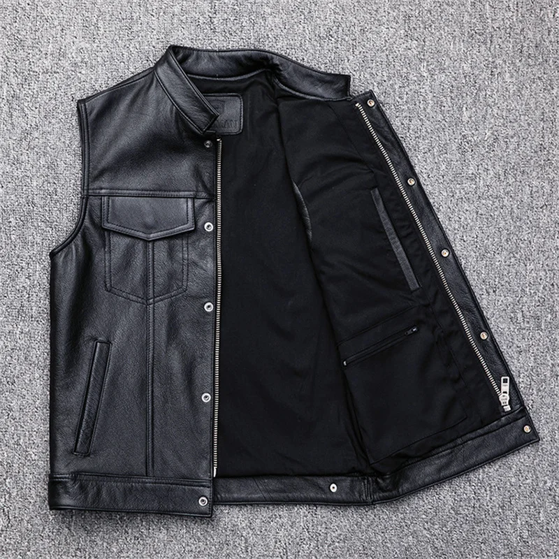 Męska czarna kamizelka bez rękawów z kołnierzykiem, jednorzędowa, z kieszeniami, ze sztucznej skóry, rozmiary S M L XL XXL XXXL — zdjęcie 3