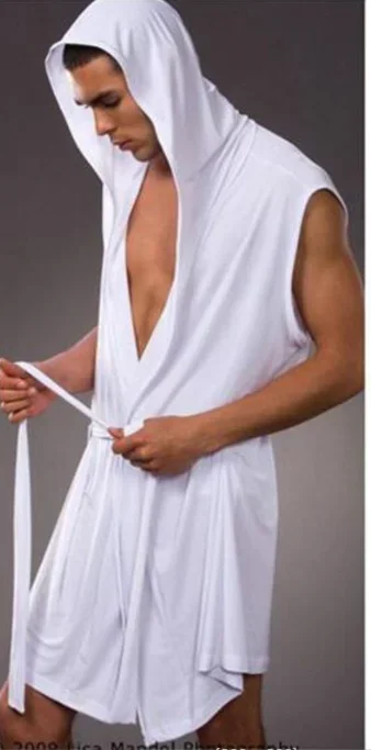 Men\'s Home Bathrobe Sleeveless Silk Smooth Male Hooded Bathrobe Pajamas Comfortable Ultra thin lingerie Loose Underwear