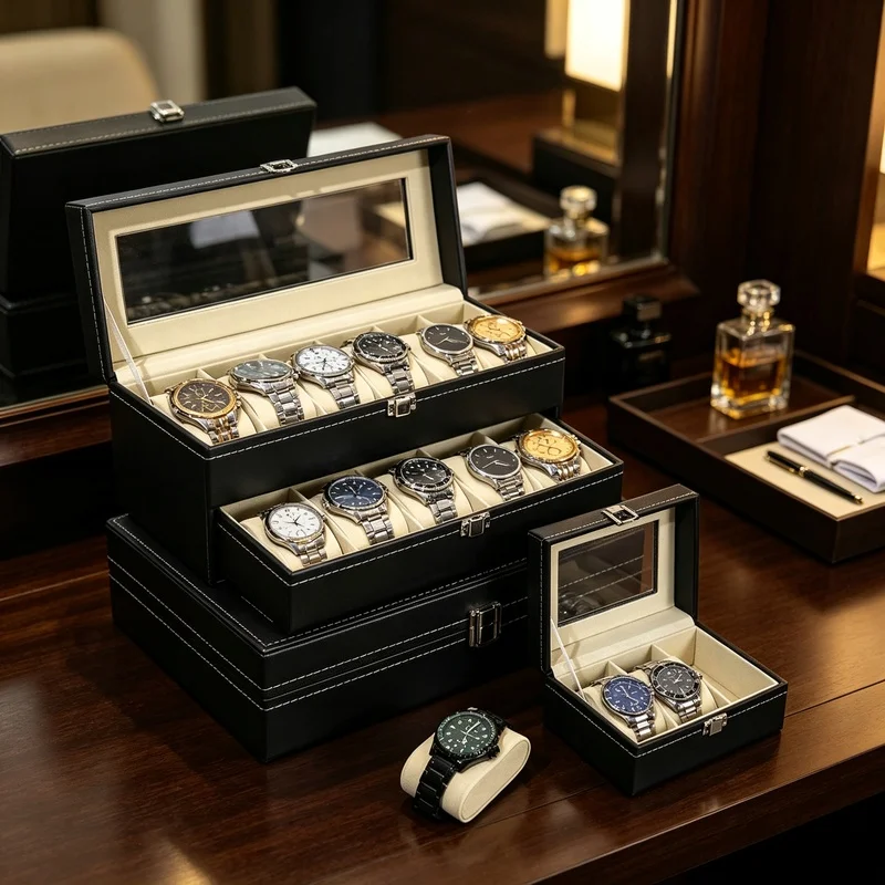 3/12 Slots PU Leather Watch Display Box Glass‑Top Jewelry Storage Organizer Gift Case for Men Watches